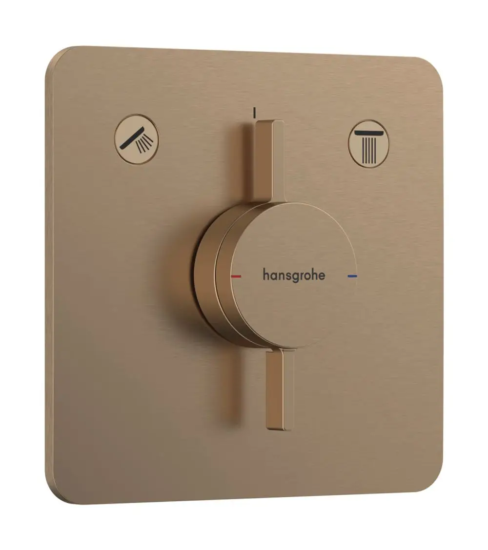 Mischpaneel in gebürstetem Bronze-Finish von Hansgrohe mit einem zentralen Drehknopf und Symbolen für zwei Wasserquellen. Funktionale, quadratische Wandmontage.